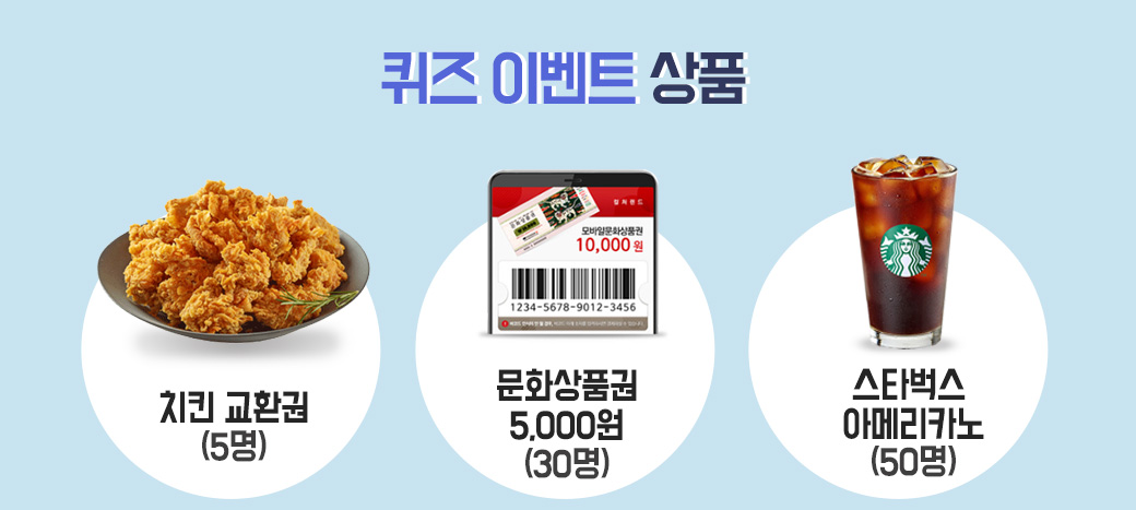 치킨 교환권 5명,문화상품권 5,000원 30명,스타벅스 아메리카노 50명